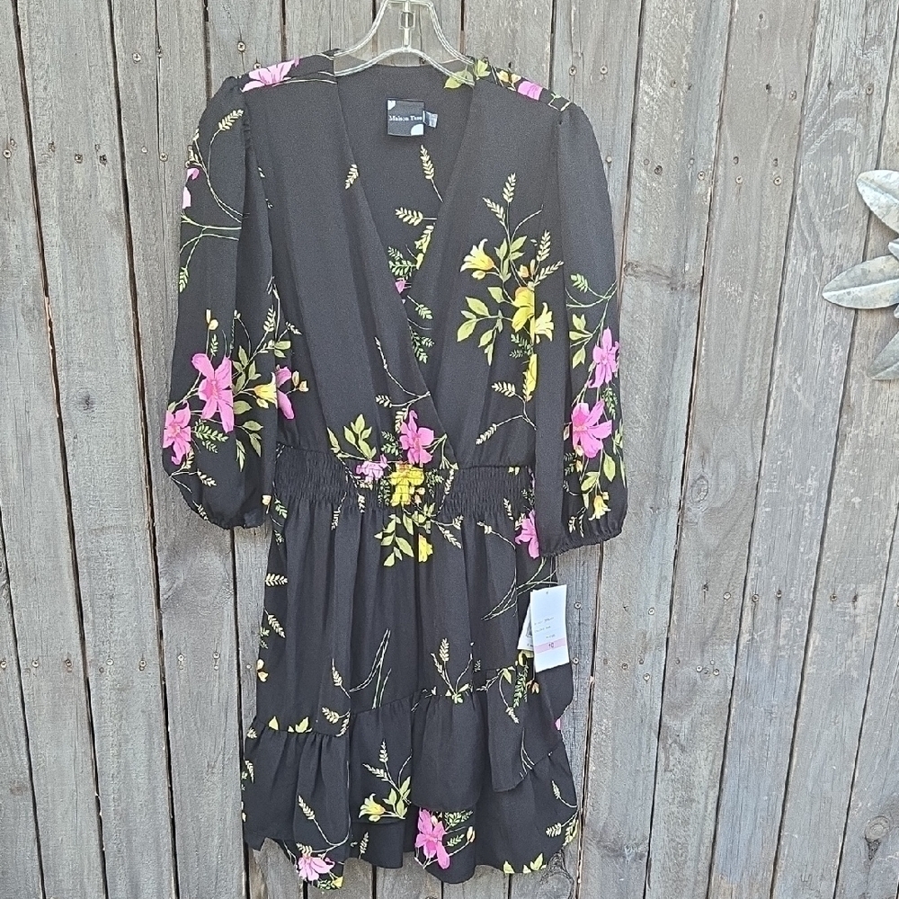 Maison Tara Floral Black Dress with Pink and Yellow Accents Size 10